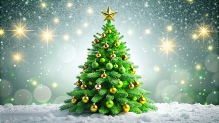 Vibrant green Christmas tree triangular shape adorned with shimmering ornaments, twinkling lights, and a sparkling star on top against a snowy white background.