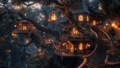Fototapeta premium Enchanted treehouse village illuminated by glowing lanterns, nestled among ancient trees creating a magical, fairytale atmosphere.
