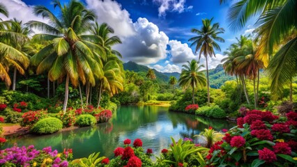 Tropical Paradise: Lush greenery, vibrant colors, exotic flowers