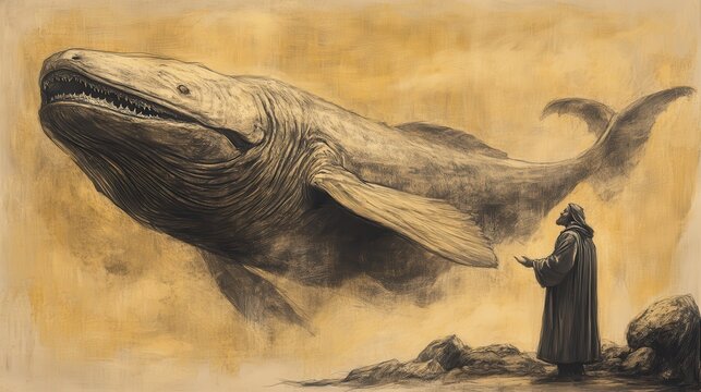 Illustration of The Lord Answering Job - Emphasizing Leviathan&rsquo;s Invincibility and God&rsquo;s Supreme Power, Beige Background