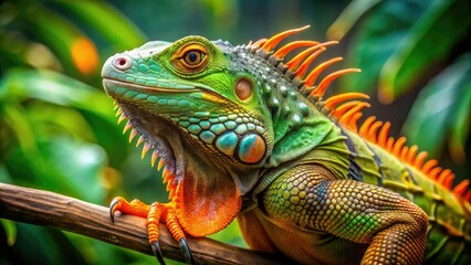 Obraz premium Vibrant green iguana with spiky scales and bright orange eyes perches on a branch, showcasing its prehistoric beauty in a lush, tropical environment.