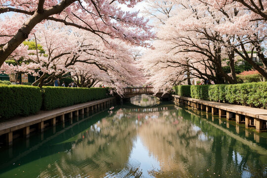 A beautiful river with cherry blossoms lining the banks 