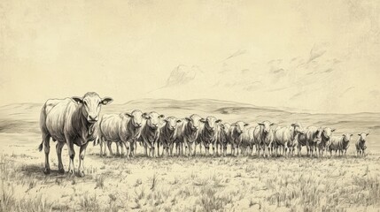 Fototapeta premium Illustration of Job’s Restored Wealth - Job’s Land Flourishing with Flocks and Herds, Symbolizing His Return to Prosperity, Beige Background