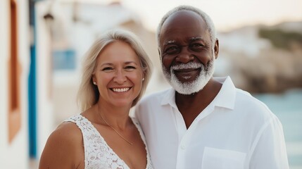 Smiling interracial senior couple outdoors