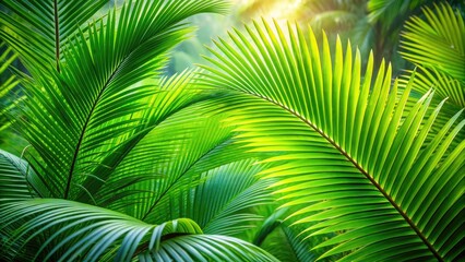 Vibrant green palm leaves with delicate fronds and intricate details against a soft focus background, evoking a sense of tropical serenity and natural elegance.