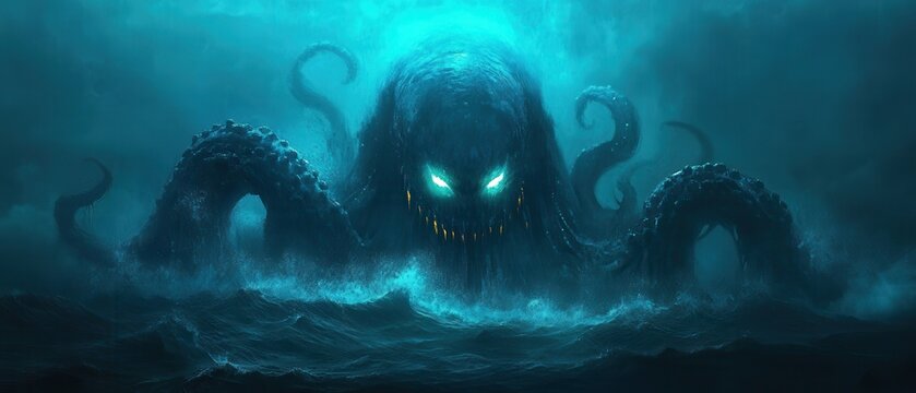 A menacing sea monster emerges from stormy waters under a glowing night sky.
