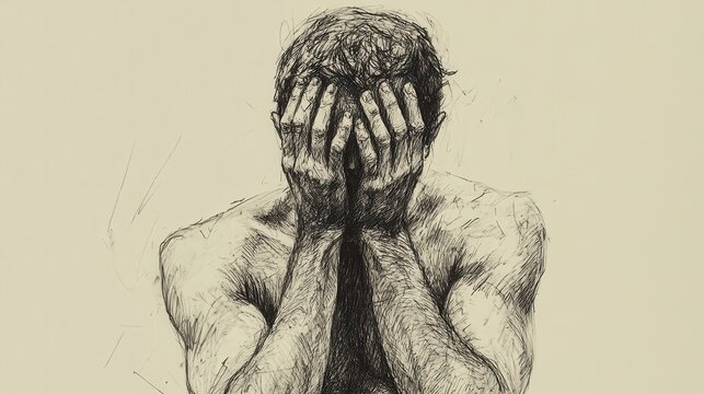 Illustration of Job&rsquo;s Cry for Mercy - Job Covering His Face, Pleading for Divine Relief, Beige Background