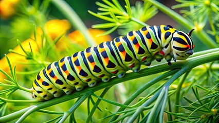 Naklejka premium Vibrant green swallowtail caterpillar with yellow stripes and orange horns feeds on fresh leaves of a dill plant in a sunny garden setting.