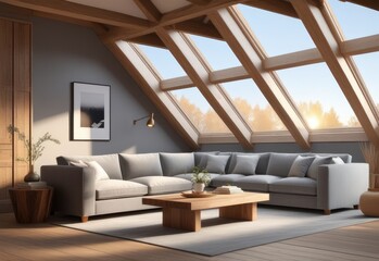 Gray attic living room interior with sofa. 3d rendering