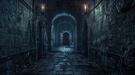 Fototapeta premium Dimly lit, eerie stone dungeon hallway with arches and sconces, perfect for fantasy, horror, and medieval themes. Atmospheric and mysterious.