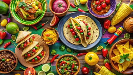 Fototapeta premium Vibrant hand-drawn illustration of traditional Mexican dishes, including tacos, burritos, and nachos, surrounded by colorful sombreros, maracas, and piñatas on a festive background.