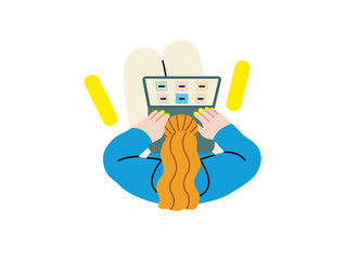 Creative workspace, modern flat vector concept illustration of a woman working sitting with a computer Remote work, flexibility, independence, efficiency, mobility, synergy, freedom