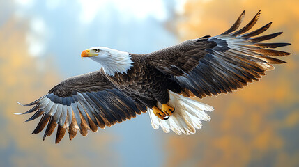 Fototapeta premium A bald eagle is in flight against a soft, blurred background of autumn colors.