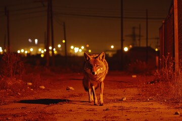 Naklejka premium A Coyote Walking on a Dirt Road at Night with Blurry Street Lights in the Background