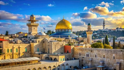Fototapeta premium Vibrant icons of Jerusalem's sacred landmarks, including the Western Wall, Dome of the Rock, and Church of the Holy Sepulchre, set against a bright blue sky.