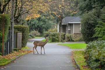 A Deer Walking Down a Residential Street in Autumn