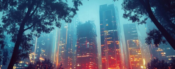 Fototapeta premium A vibrant city skyline illuminated by colorful lights, enveloped in mist and surrounded by lush greenery, creating a modern atmosphere.