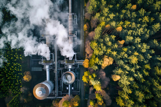 Aerial view of industrial power plant next to lush forest on sunny day with steam rising. Decarbonisation technological solution. Sustainable climate
