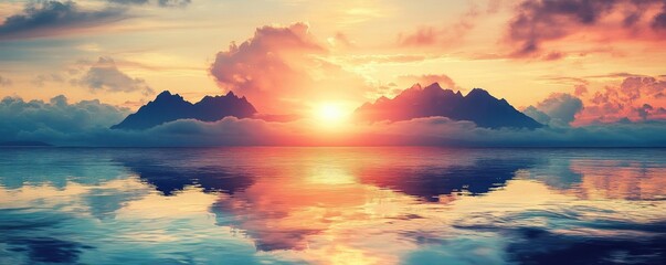 Breathtaking sunset over mountain reflection in the tranquil water, creating a serene atmosphere filled with vibrant colors.