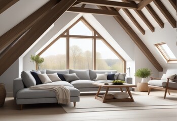 Gray attic living room interior with sofa. 3d rendering