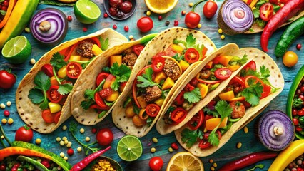 Fototapeta premium Vibrant illustration of colorful tacos with varying toppings, surrounded by bold lines, playful textures, and whimsical patterns, evoking a lively and appetizing atmosphere.