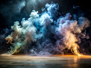 Abstract colorful smoke and rays light on wooden floor dark background