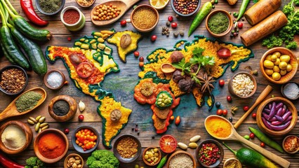 Vibrant illustration of South America's map covered with various traditional dishes, exotic fruits, and spices, showcasing the region's rich culinary diversity and cultural heritage.