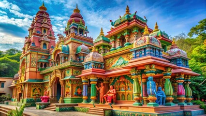 Vibrant Indian temple dedicated to Hanuman, featuring intricate carvings, colorful frescoes, and ornate statues, surrounded by lush greenery and devotees in prayer.
