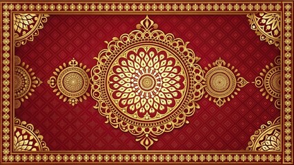 Vibrant Indian wedding invitation card with ornate golden borders, intricate patterns, and auspicious Hindu symbols, set against a rich red and cream background.