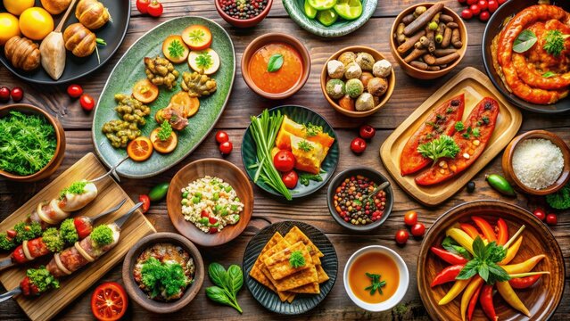 Vibrant Image Showcasing A Variety Of Appetizing Dishes Arranged On A Tabletop, Promoting An Exciting Dining Experience.