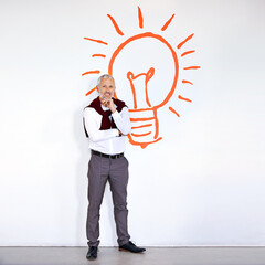 Business man, portrait and lightbulb for inspiration, idea and innovation with solution or...