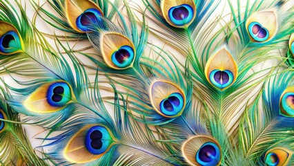 Obraz premium Vibrant iridescent peacock feathers unfurl against a soft, creamy white background, showcasing their intricate, swirling patterns and mesmerizing colors in stunning high-contrast detail.