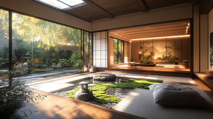 Fototapeta premium Japanese garden, house garden, tsuboniwa, Japanese style, Japanese living room, living, small garden, 