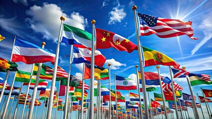 Obraz premium Vibrant international flags from around the world, waving together in unity, symbolizing global harmony, cultural diversity, and national pride, against a bright blue sky backdrop.