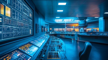 Modern control room with advanced computer monitors and control panels, emphasizing high technology and efficient operations.