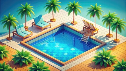 Fototapeta premium Vibrant isometric illustration of a serene swimming pool scene, complete with lounge chairs, palm trees, and a sunny blue sky.