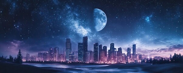 A stunning night cityscape under a starry sky featuring a vibrant skyline illuminated by the moonlight.