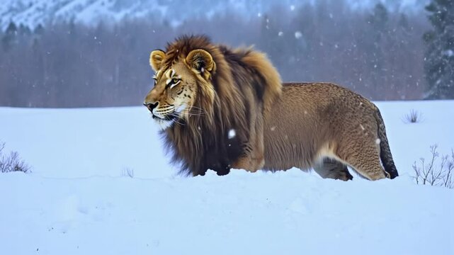a lion in the snow footage