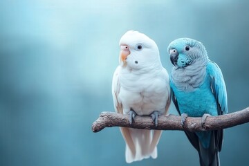 A white and a blue bird are perched side by side on a branch, with a softly blurred background. They appear content and peaceful, amidst a calm atmosphere.