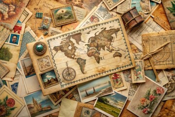 Vintage Ephemera Collage: Old letters, stamps, postcards, antique maps, torn edges