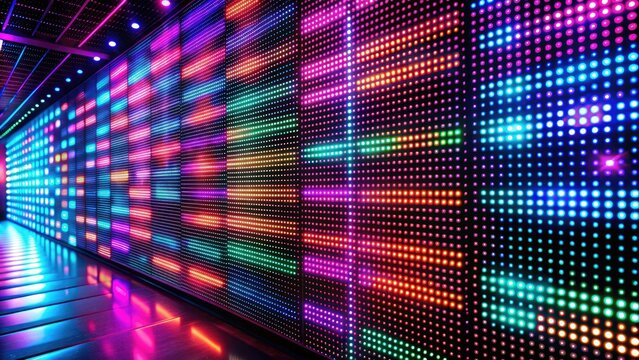 Vibrant LED displays showcase mesmerizing patterns and colors, illuminating a dark background with futuristic ambiance, perfect for technology, innovation, and modernity-themed designs.