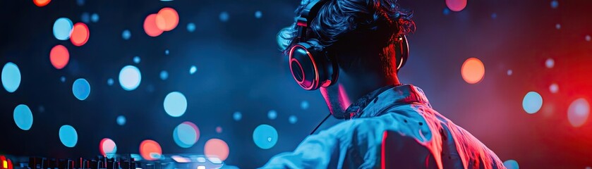 Naklejka premium A DJ performing live with vibrant lights and energetic ambiance, creating an unforgettable musical experience for the audience.