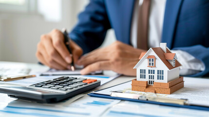 Fototapeta premium Businessman writing, using calculator, counting when investing in real estate. Mortgage, home loan, and rent concept