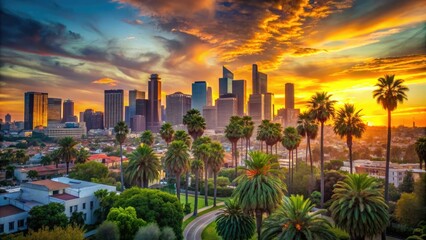 Vibrant Los Angeles cityscape at sunset, featuring sleek skyscrapers, lush green palm trees, and a warm orange glow casting a tranquil atmosphere.