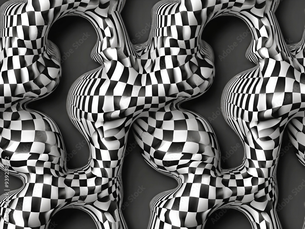 Wall mural A black and white checkered pattern is used to create a 3D image of a woman's body. The image has a surreal and abstract feel to it, with the checkered pattern giving it a sense of depth and dimension