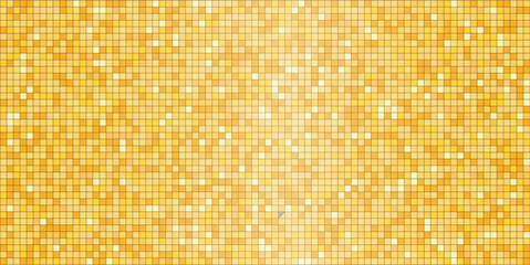 Disco gold tiles, shiny mosaic halftone sparkles. Vibrant paillette background. Sequin texture, Metallic yellow orange decoration, light effect.