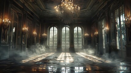 Elegant, abandoned ballroom with grand chandeliers, smoky ambiance and streaming sunlight. Atmospheric and haunting beauty.