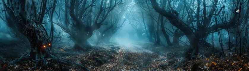 Obraz premium Misty dark forest with twisted trees and eerie atmosphere, ideal for fantasy themes, horror stories, or atmospheric backgrounds.