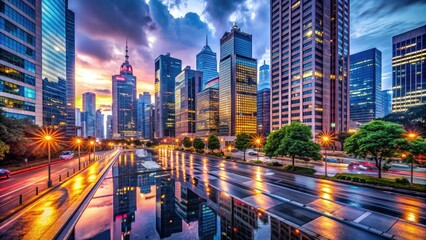 Fototapeta premium Vibrant metropolitan landscape at dusk with sleek skyscrapers, bustling streets, and neon lights reflecting off wet asphalt, capturing the essence of urban nightlife.
