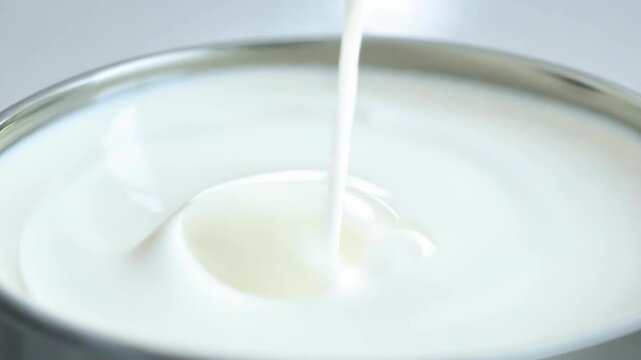 milk is poured into a container in a thin stream, concept: drinks